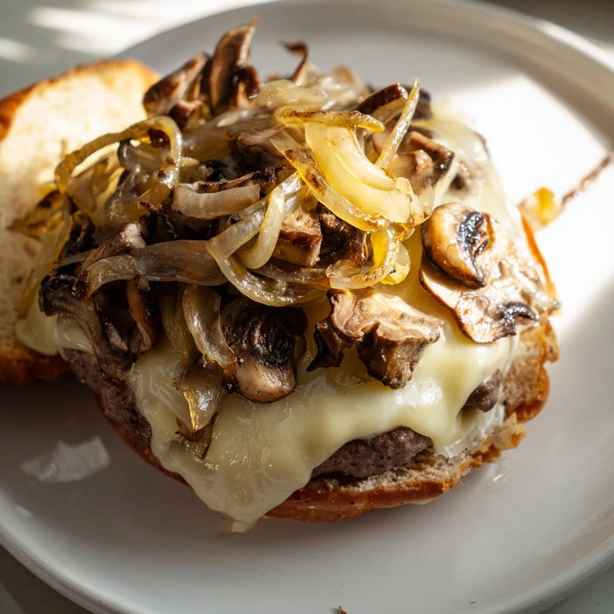 Mushroom and Swiss Burger with caramelized onions, Swiss cheese, and mushrooms on a toasted bun, ready to serve.
