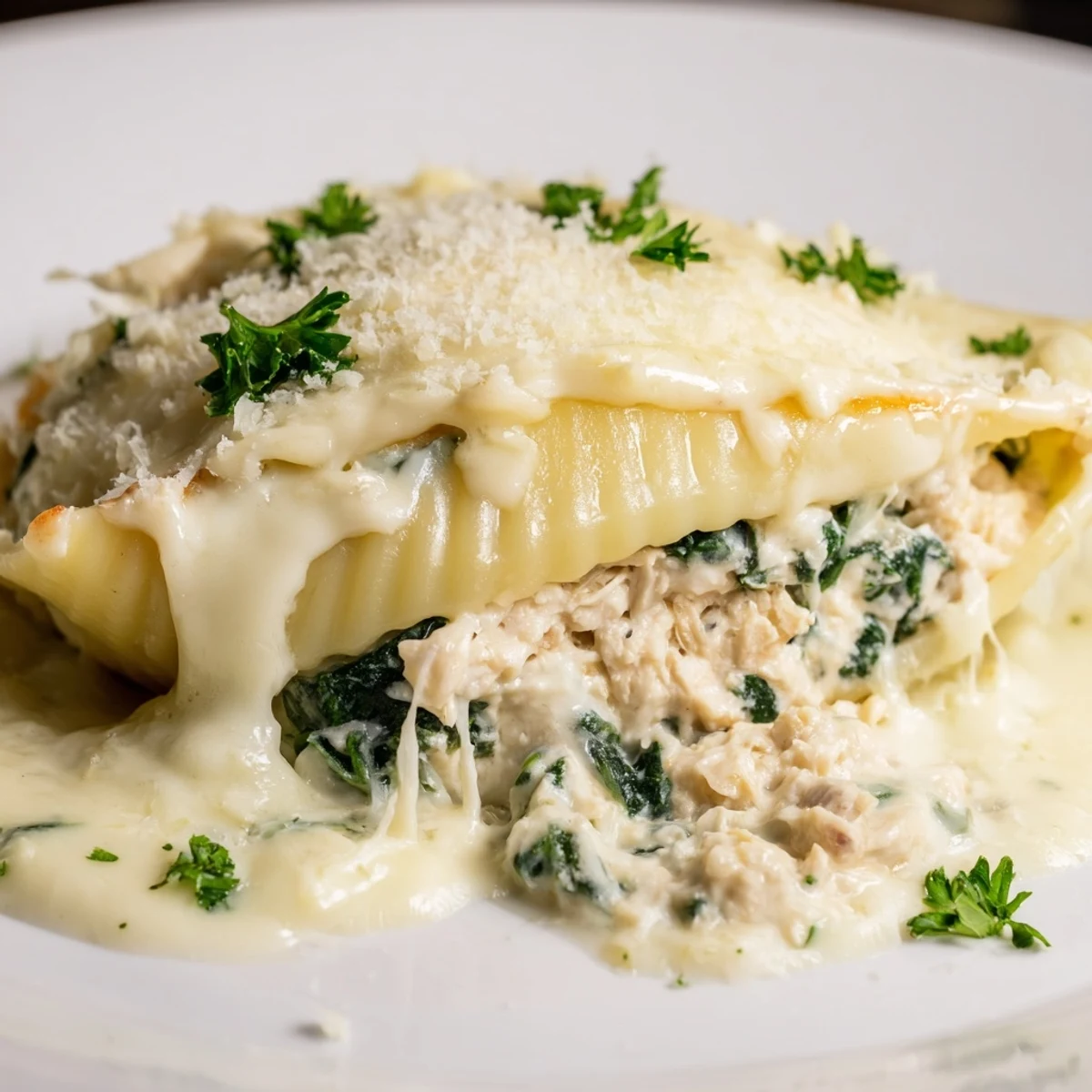 Close-up of Chicken Alfredo Stuffed Shells with Spinach, showcasing creamy ricotta and melted mozzarella filling inside tender pasta.