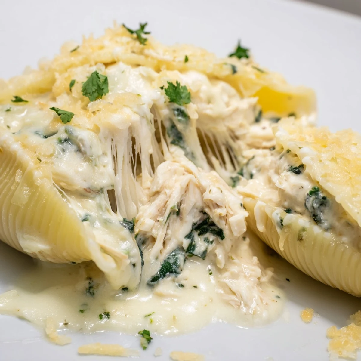 Freshly baked Chicken Alfredo Stuffed Shells with Spinach, paired with garlic bread on a rustic wooden table.