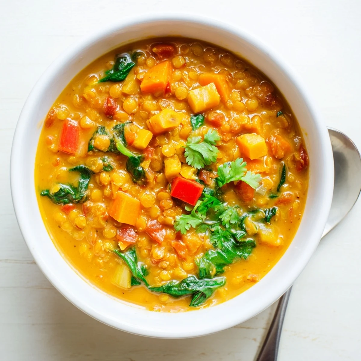 A bowl of steaming coconut curry lentil soup with spinach, garnished with fresh cilantro and a lime wedge, served alongside warm naan bread.