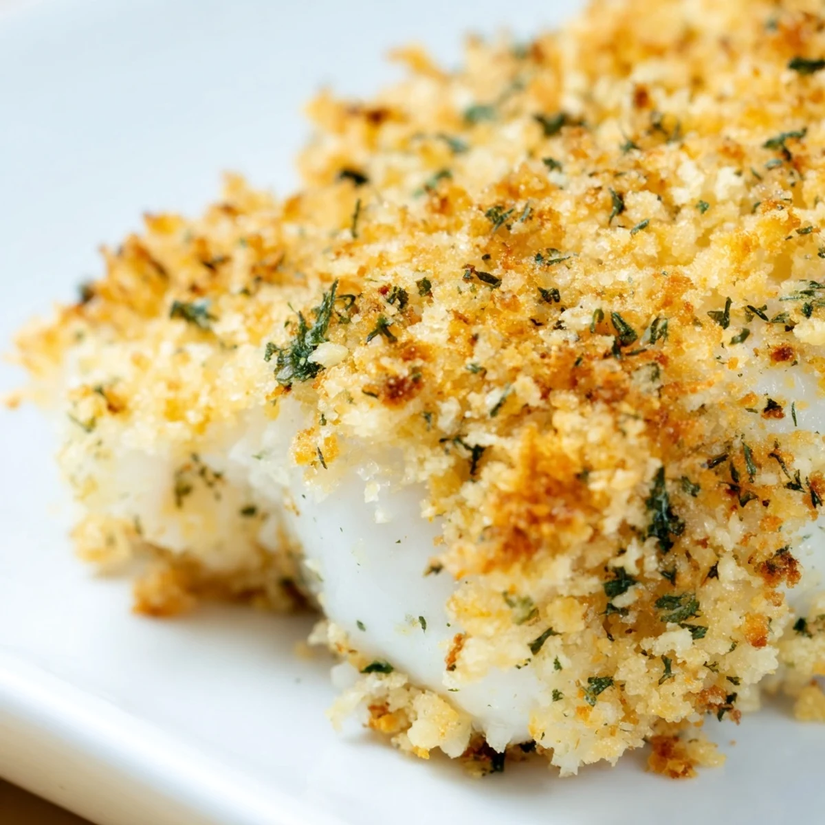 Golden-baked Baked Cod with Lemon Herb Panko Crumb fillets with a crispy, buttery topping on a baking sheet.