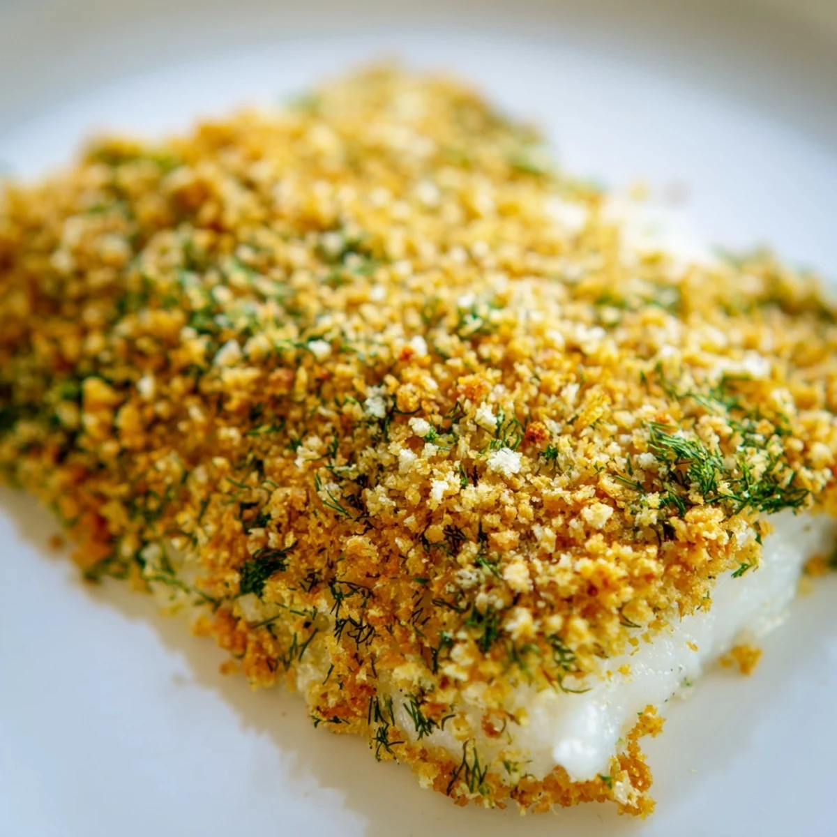 Dinner plate featuring flaky Baked Cod with Lemon Herb Panko Crumb, served with steamed vegetables and a lemon wedge.