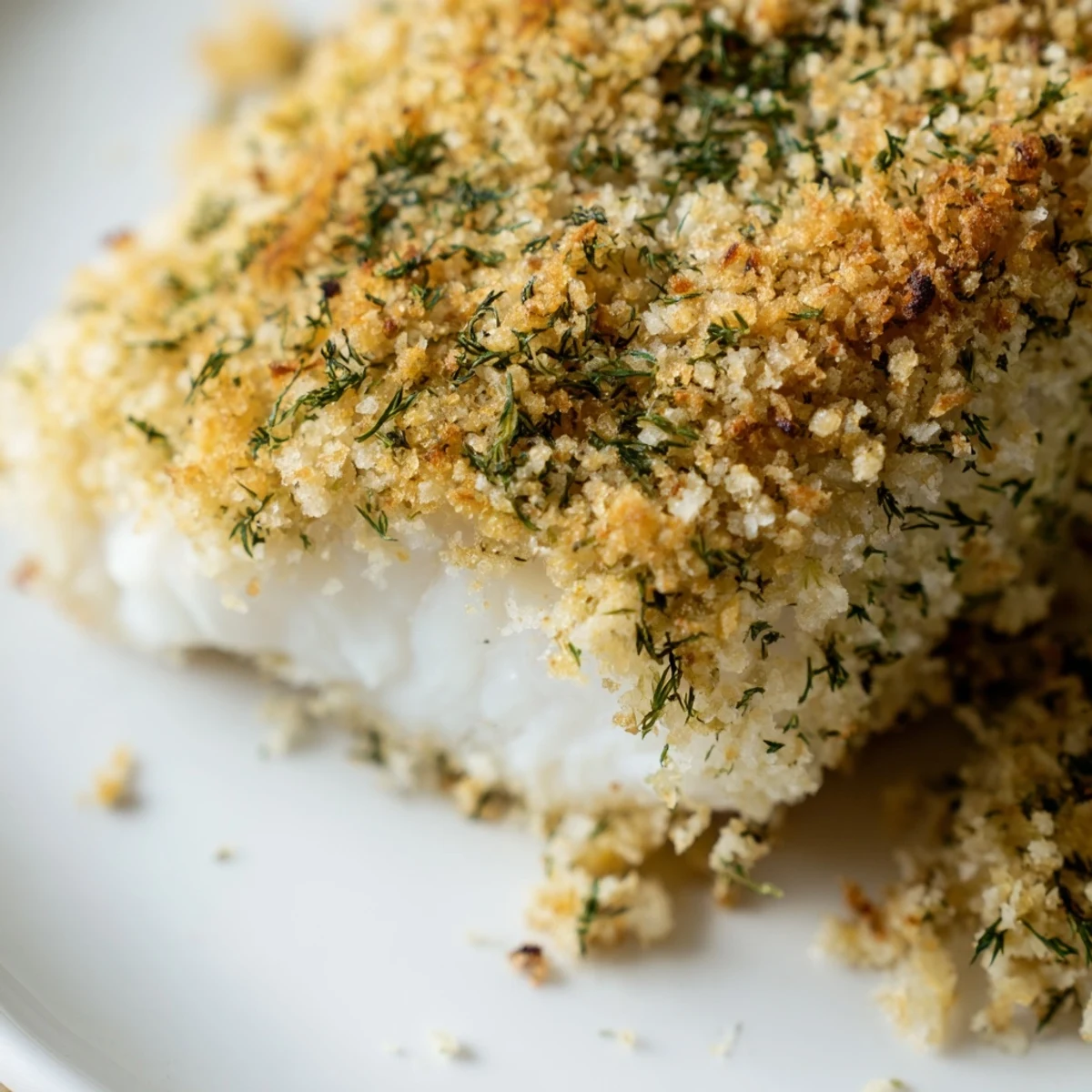 A close-up view shows tender white fish and a fresh lemon wedge next to the golden crumb crust.