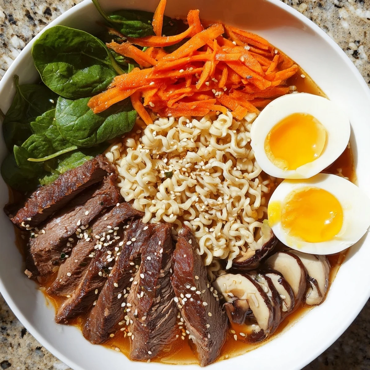 Spicy Beef Ramen with Soft Boiled Egg in a rich chili-miso broth, garnished with mushrooms, carrots, and sesame seeds.
