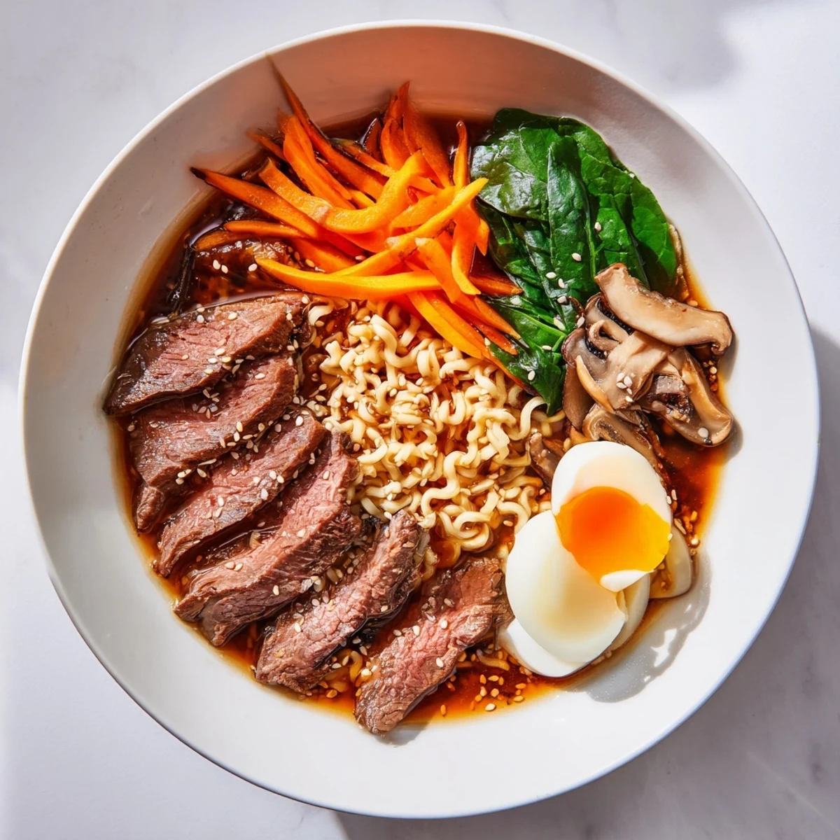 Steaming Spicy Beef Ramen with Soft Boiled Egg featuring tender beef slices and a jammy egg cut in half.