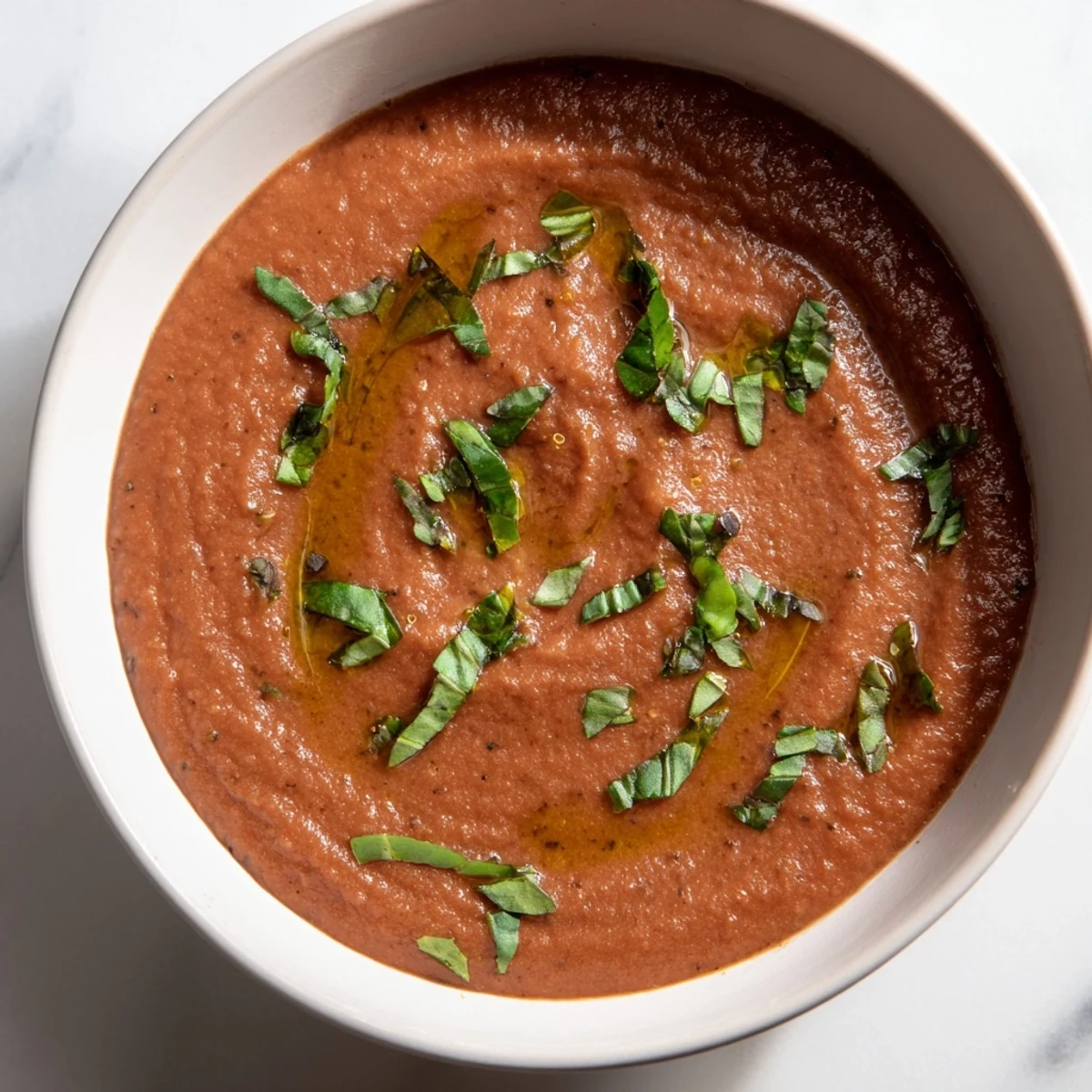Roasted Garlic and Tomato Basil Soup steaming in a white bowl next to crusty bread for dipping.
