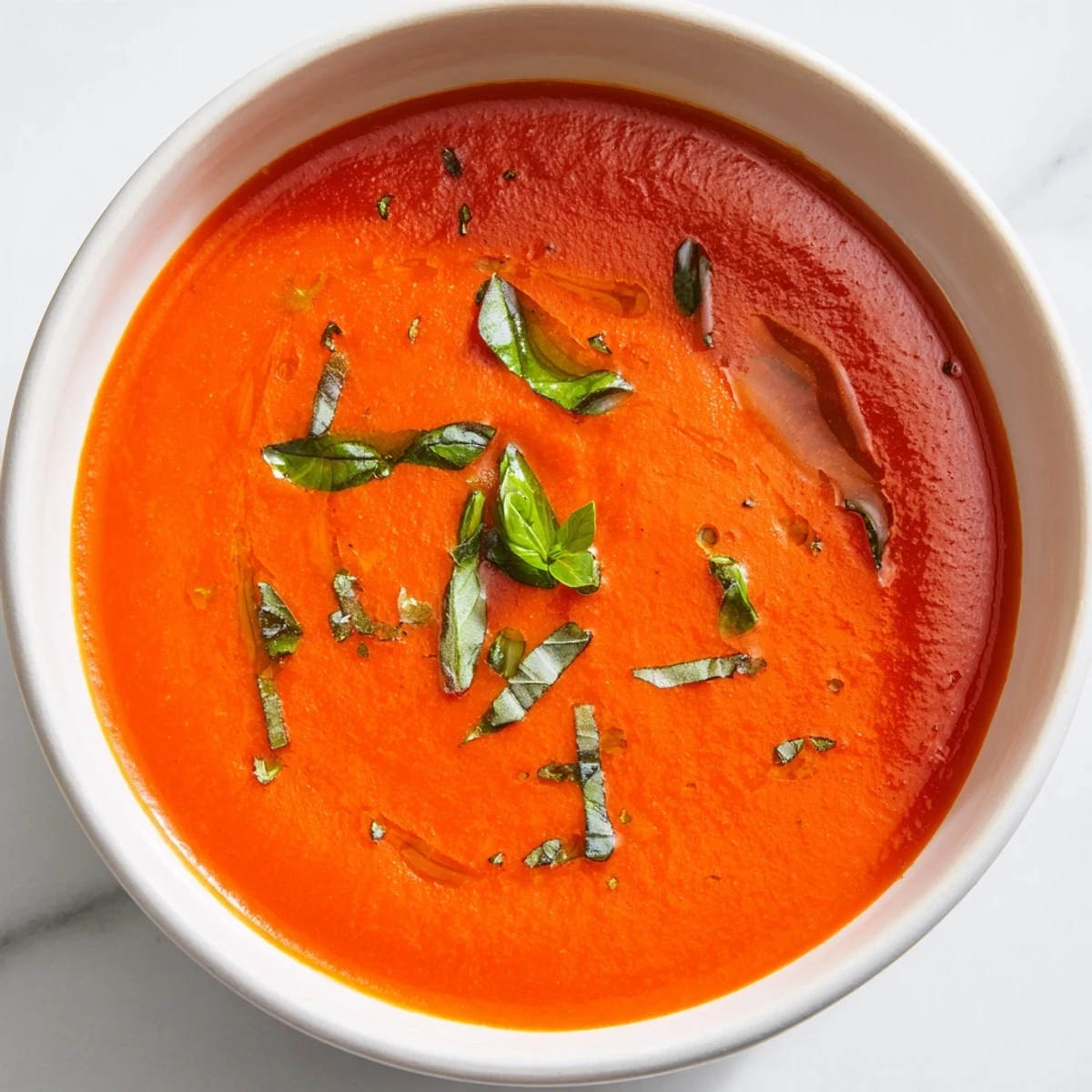 A close-up of Roasted Garlic and Tomato Basil Soup in a rustic bowl, garnished with fresh basil and a swirl of cream.