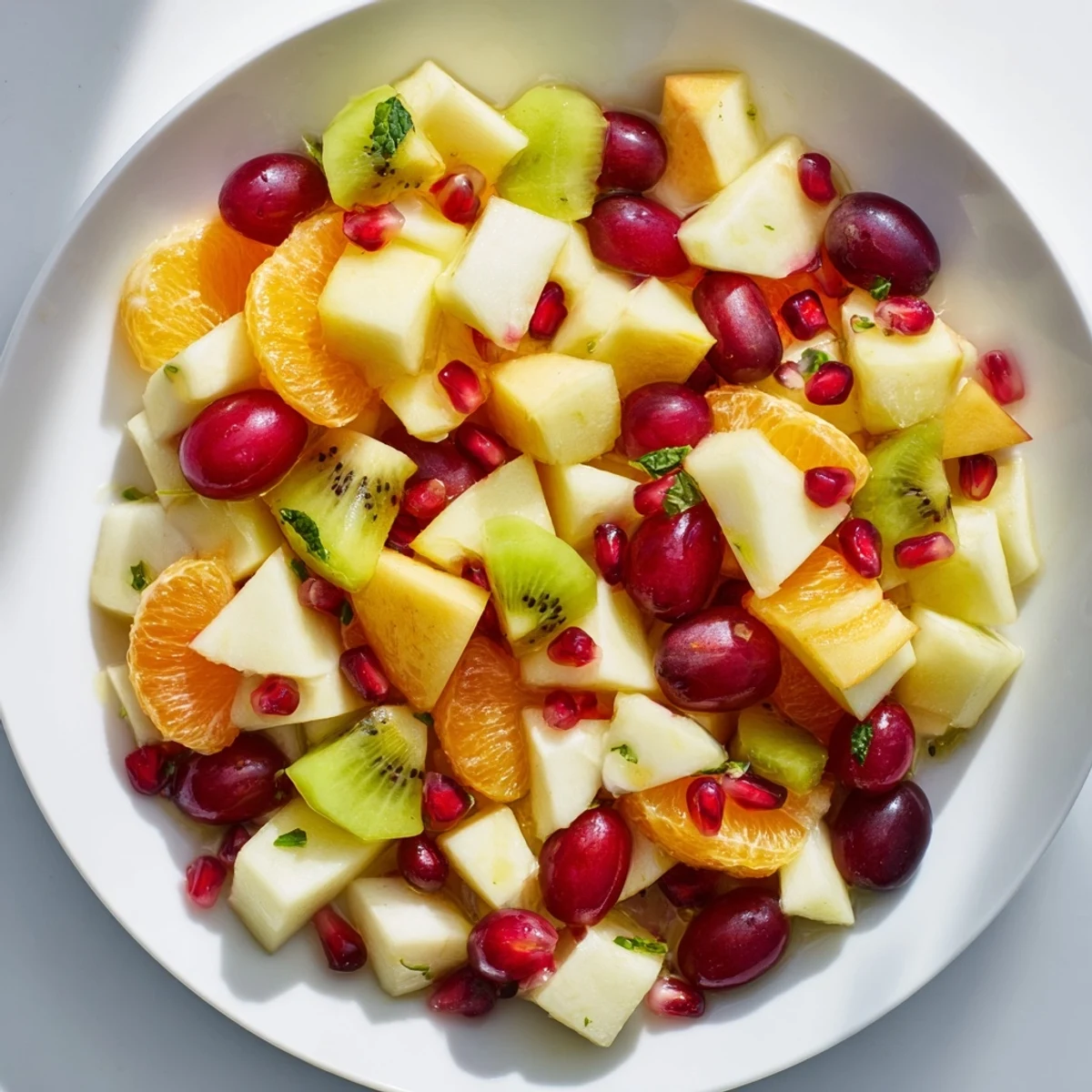 A close-up of Winter Fruit Salad with Honey Lime Dressing, tossed with glistening citrus segments and sprinkled with chopped fresh mint.