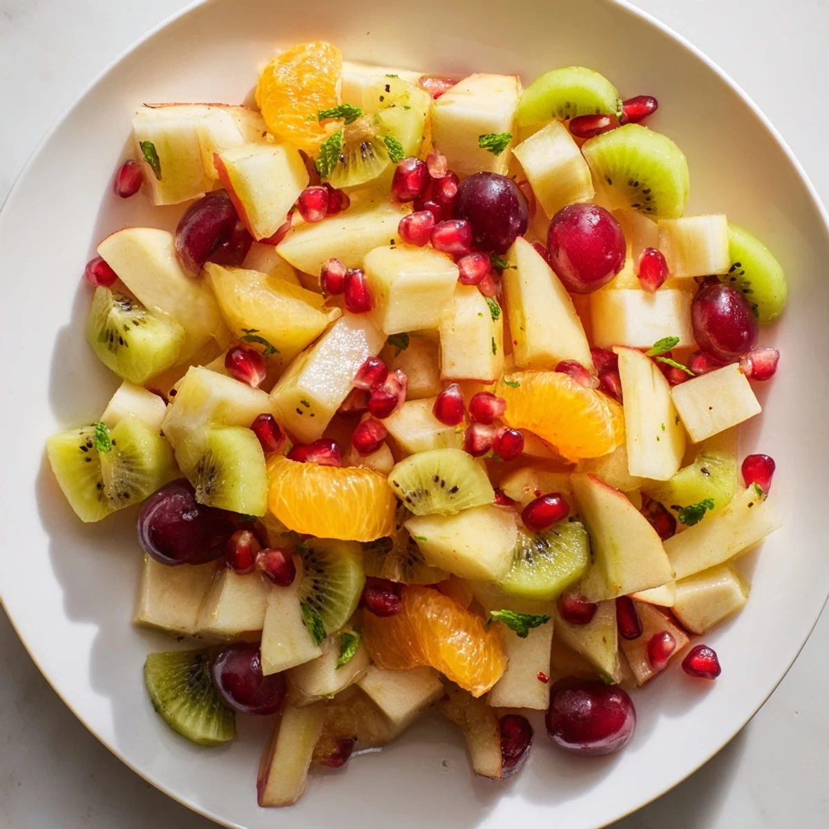 Freshly sliced Winter Fruit Salad with Honey Lime Dressing in a white bowl, showcasing vibrant pomegranate arils, kiwi slices, and diced apples.