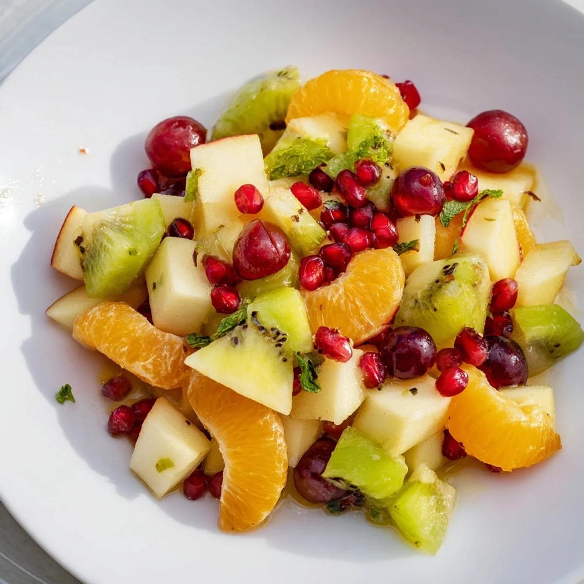 Ready to serve, chilled Winter Fruit Salad with Honey Lime Dressing in a rustic ceramic bowl, ideal for a healthy winter dessert.