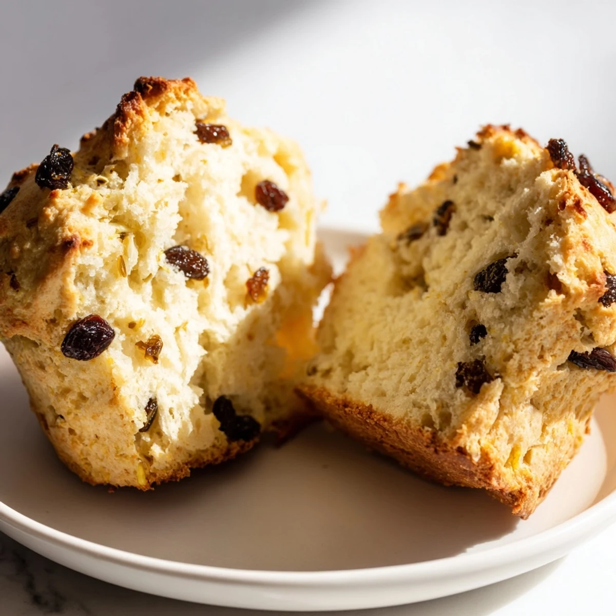 Freshly baked Irish Soda Bread Muffins, golden brown and studded with plump raisins, rest on a wooden board beside a cup of tea.  