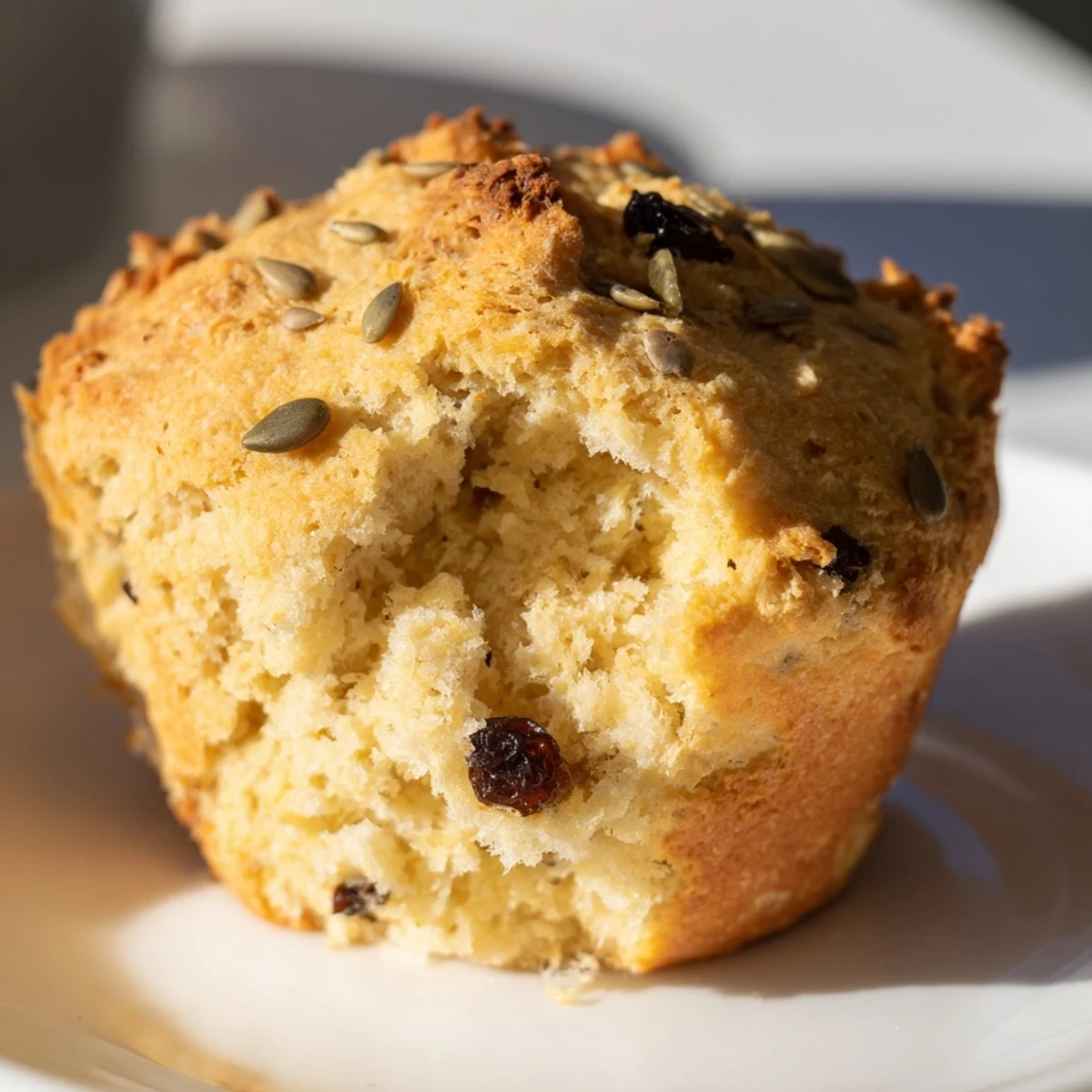 Warm Irish Soda Bread Muffins with a tender crumb and visible caraway seeds, perfect for slathering with butter for breakfast.  