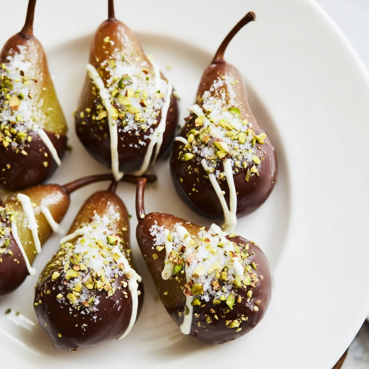 Dipped Romantic Chocolate Covered Pears glistening with dark chocolate and crushed pistachios on a rustic plate.  