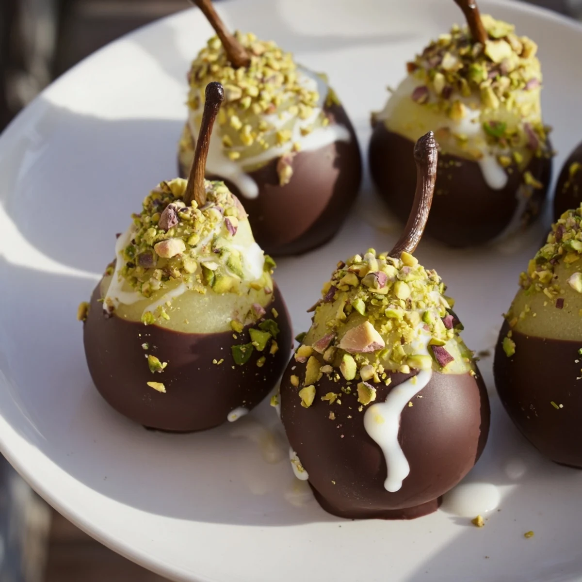 Succulent pear halves topped with sea salt and drizzled white chocolate, perfect for a romantic dessert.  