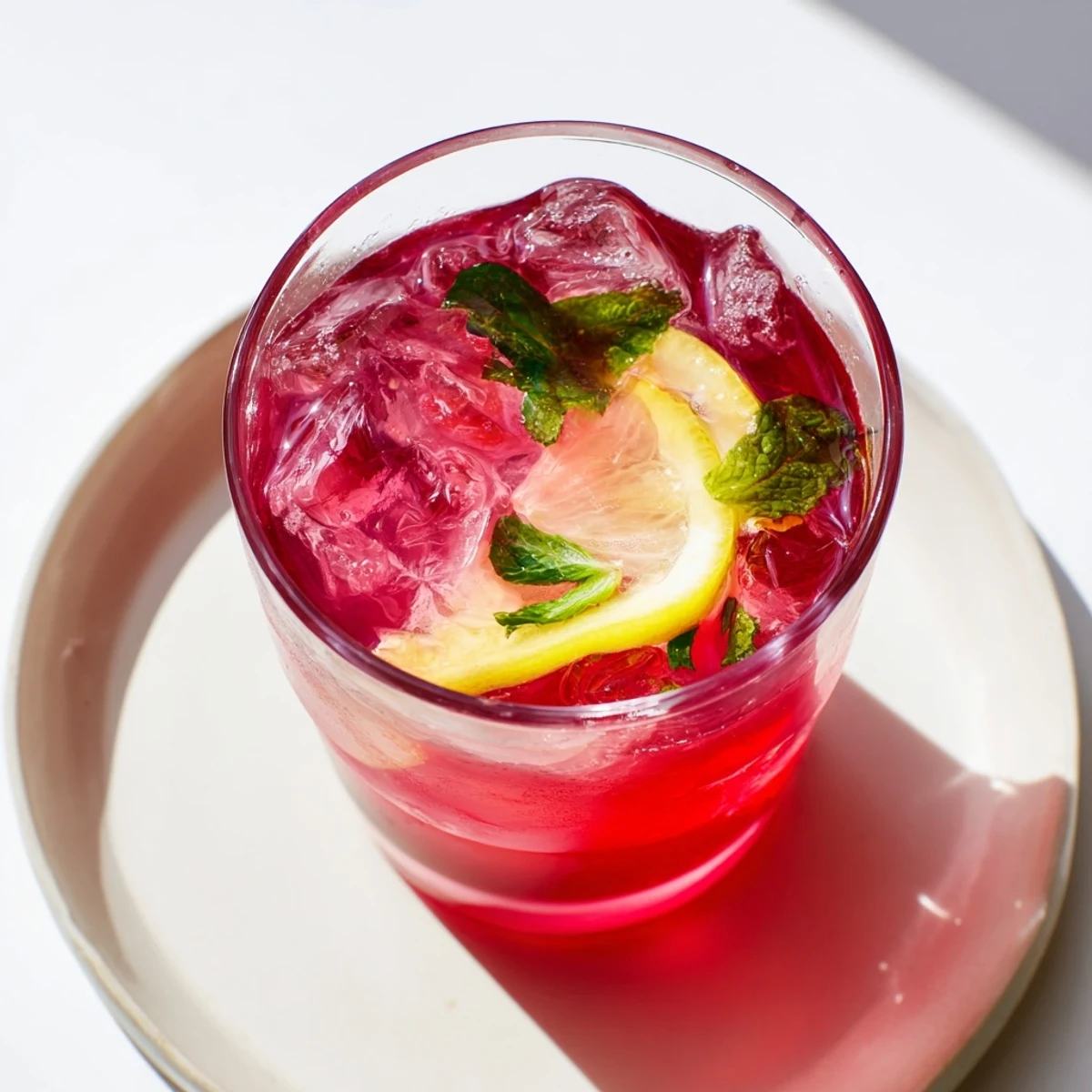 Close-up on the deep magenta hue of homemade Pink Hibiscus Iced Tea beside fresh hibiscus flowers.  