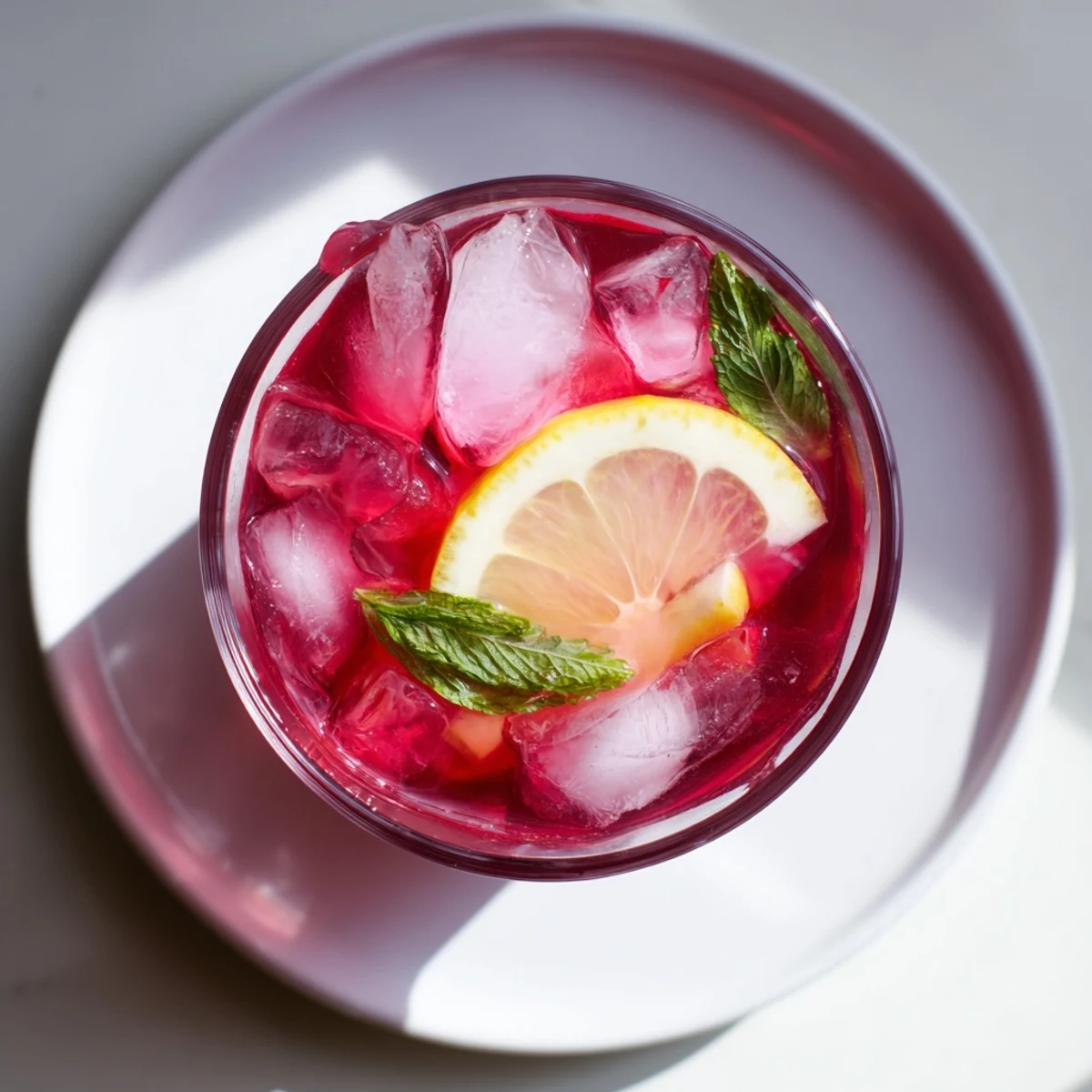 Refreshing pitcher of Pink Hibiscus Iced Tea served with lemon wedges and mint on a sunny table.