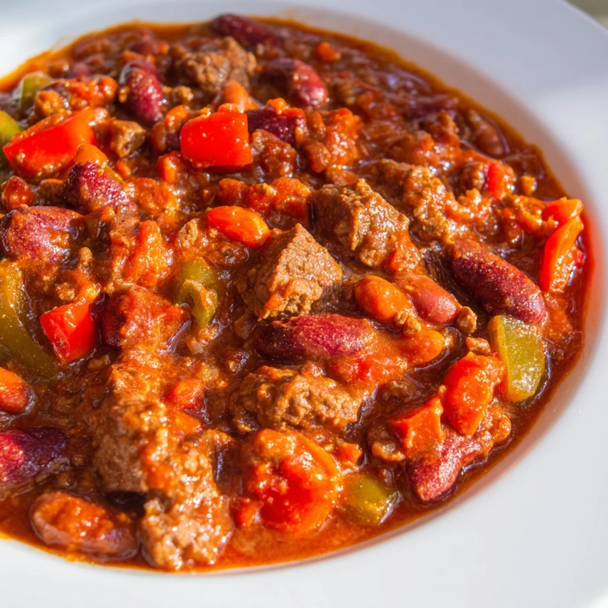Championship Spicy Beef Chili simmering in a pot, showcasing tender beef chunks and robust spices with a rich, deep red sauce.