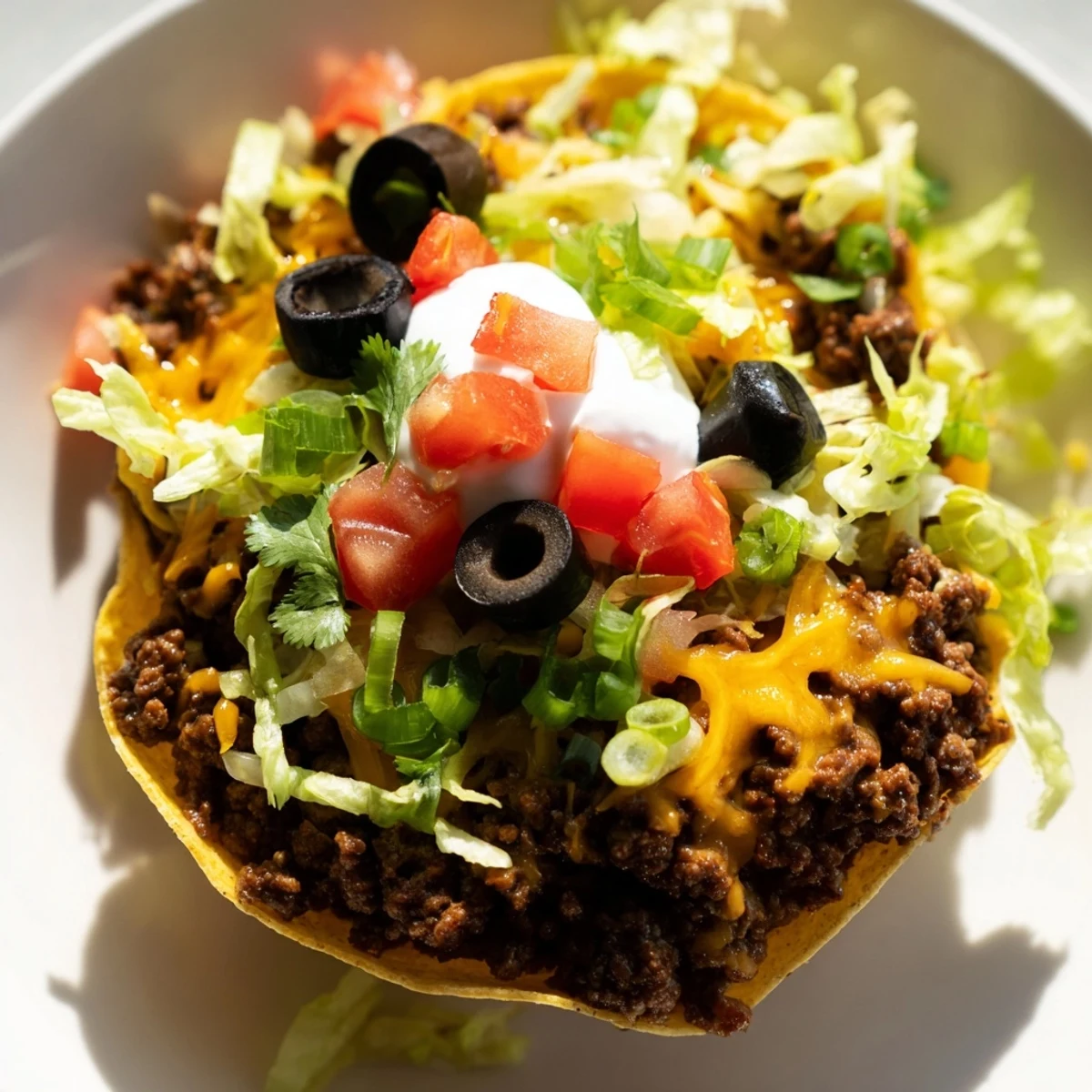 Golden, crispy baked Touchdown Taco Cups filled with seasoned ground beef, melted cheddar, and Monterey Jack cheese, topped with fresh lettuce, diced tomatoes, and sour cream.  