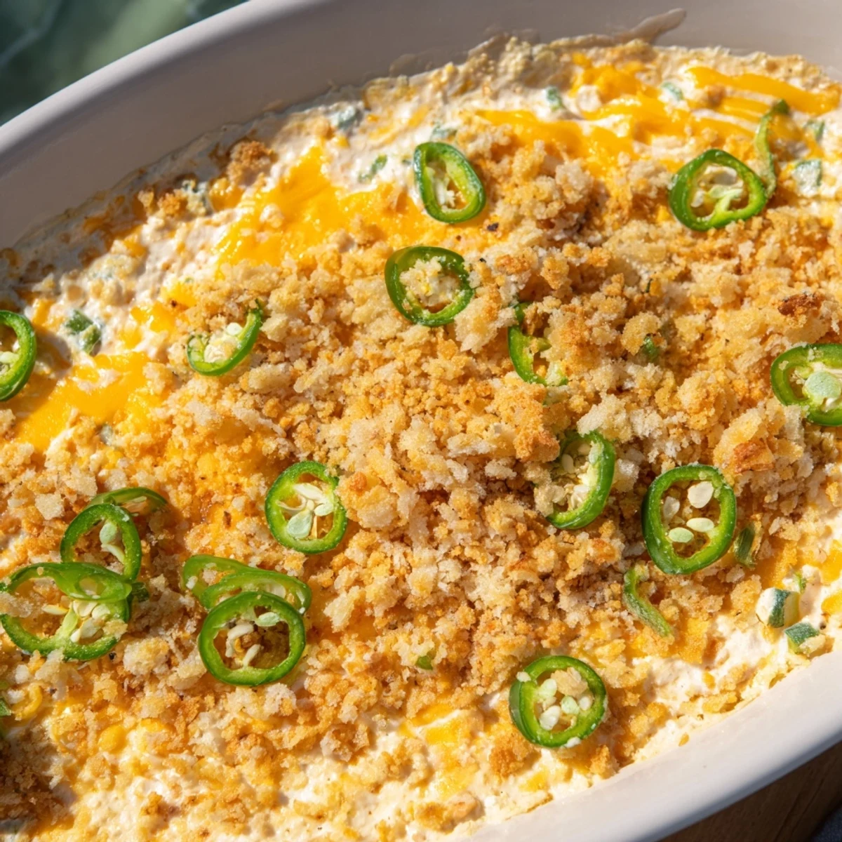 Golden-brown Super Bowl Jalapeño Popper Dip bubbling in a baking dish, topped with crispy panko crumbs and fresh jalapeño slices.