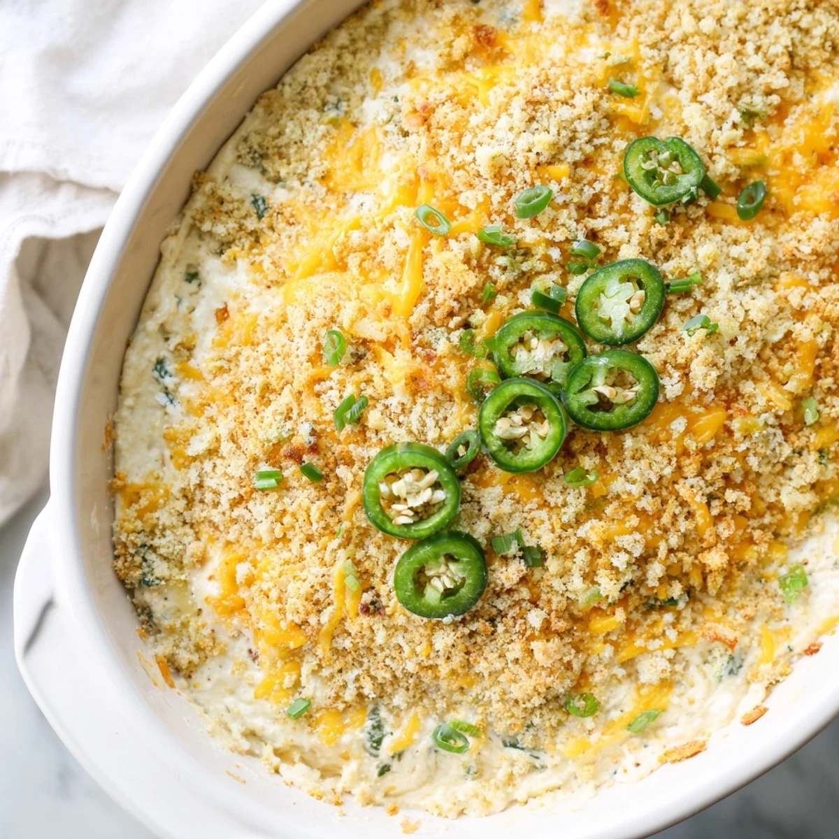 Bubbling, golden Super Bowl Jalapeño Popper Dip garnished with green onions, ready for game day snacking with veggies.