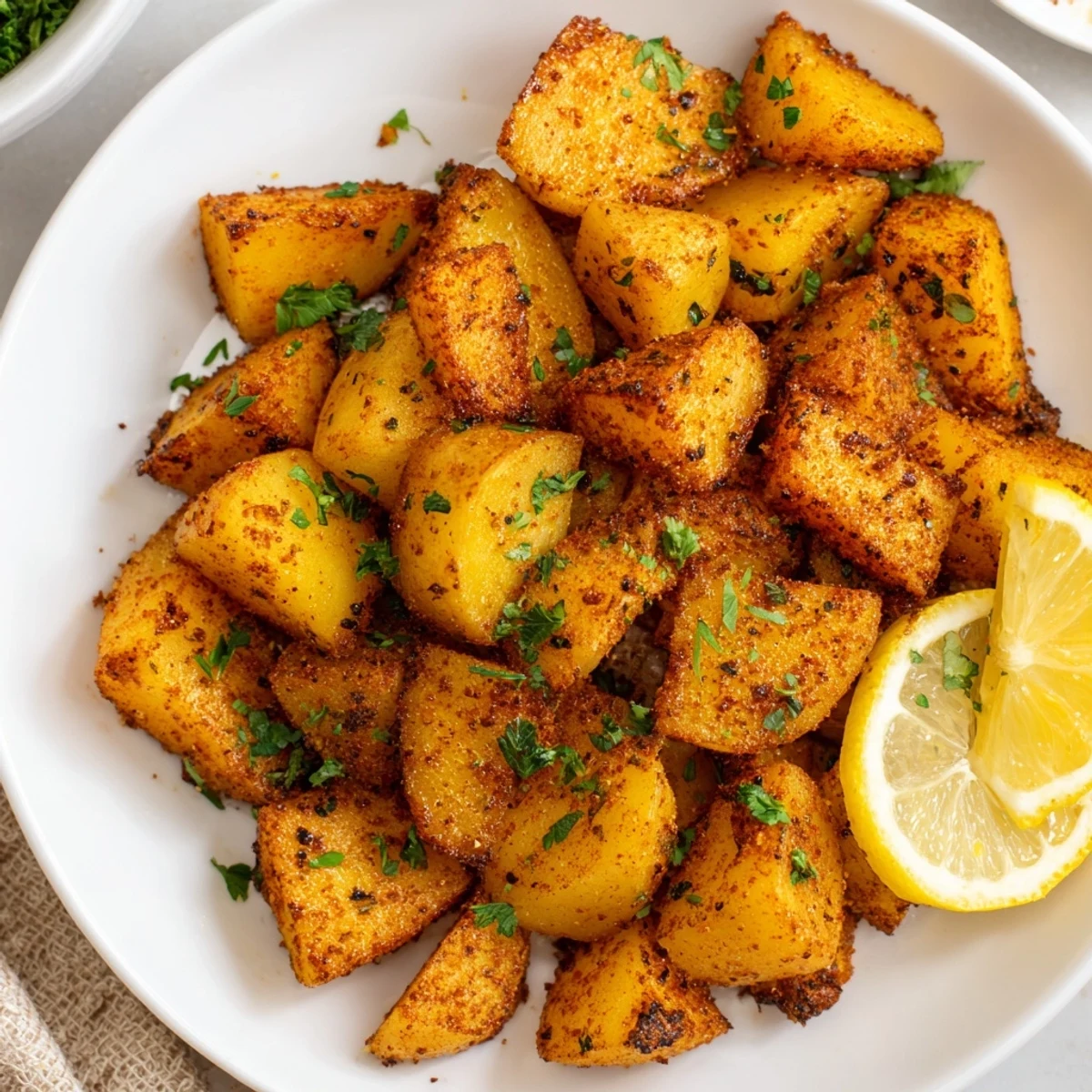 Cajun Spiced Roasted Potatoes served hot, garnished with fresh parsley and lemon wedges for a bright, zesty finish.