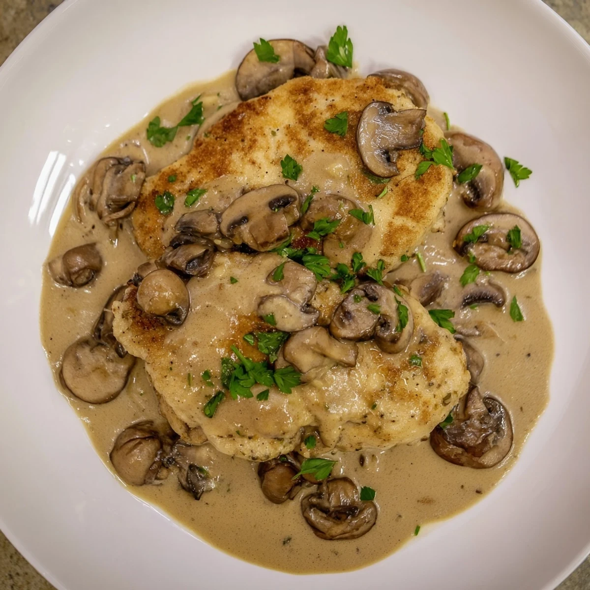 Golden-brown chicken breasts simmered in a creamy Date Night Chicken Marsala sauce with mushrooms and parsley.  