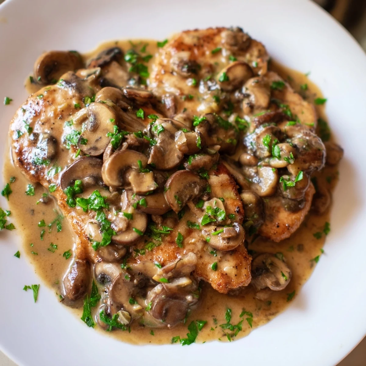 Savory Date Night Chicken Marsala, featuring tender chicken in a rich mushroom cream sauce over pasta.  