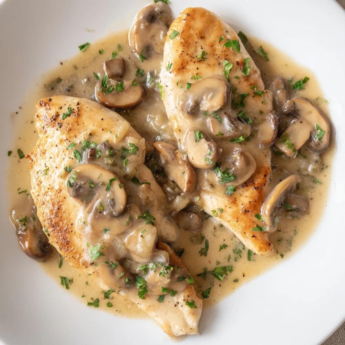 A close-up of Date Night Chicken Marsala, garnished with fresh parsley and sautéed mushrooms in skillet.