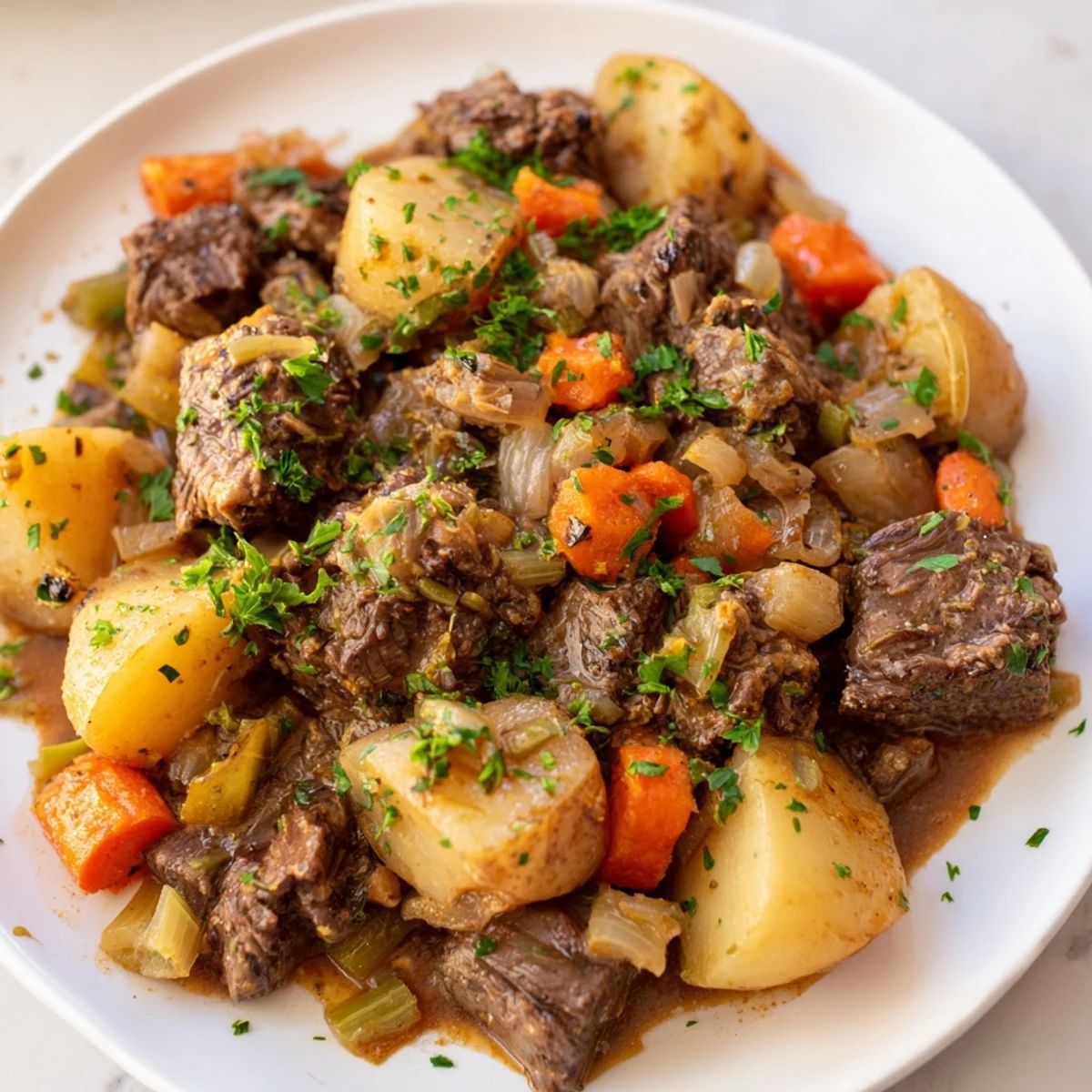 A comforting bowl of St. Patrick's Day Halal Irish Stew, featuring tender lamb and root vegetables in a rich, aromatic broth.