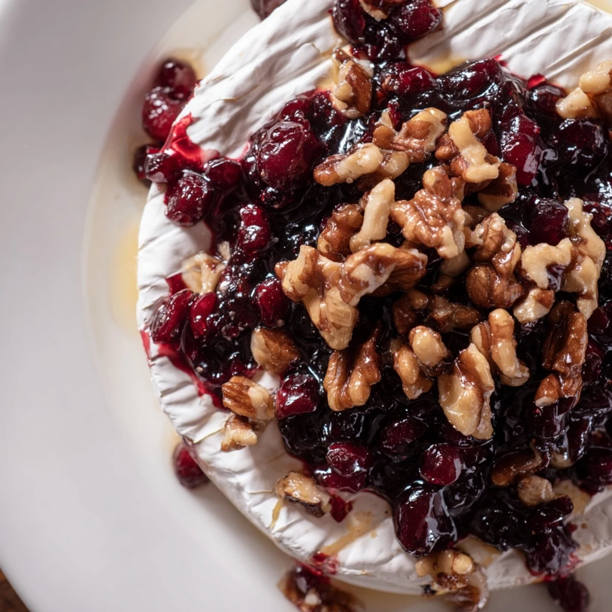 A wheel of Baked Brie with Cranberry and Pecan bubbling on a wooden board, ready for baguette slices.