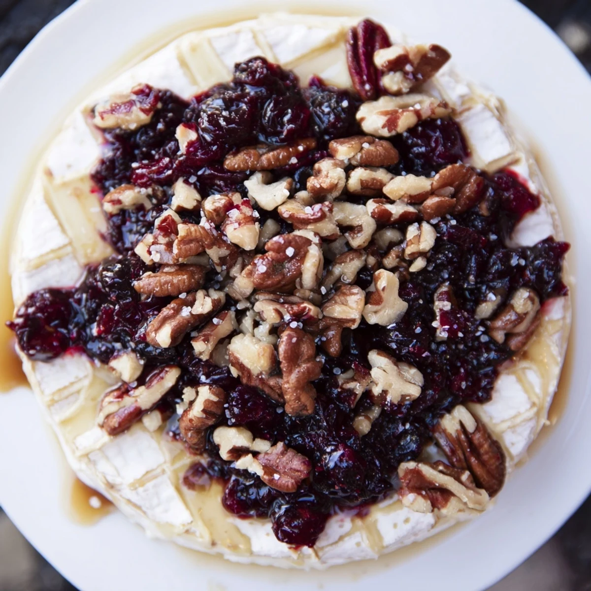 Freshly baked Baked Brie with Cranberry and Pecan topped with gooey sauce and chopped pecans.