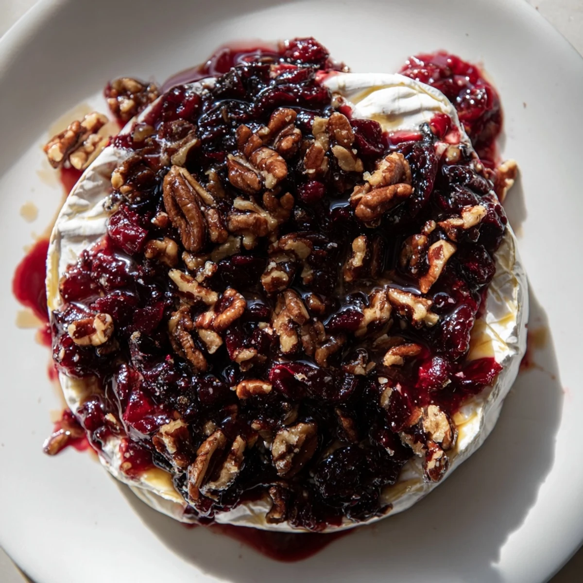 Golden Baked Brie with Cranberry and Pecan served warm with crackers for a festive appetizer.