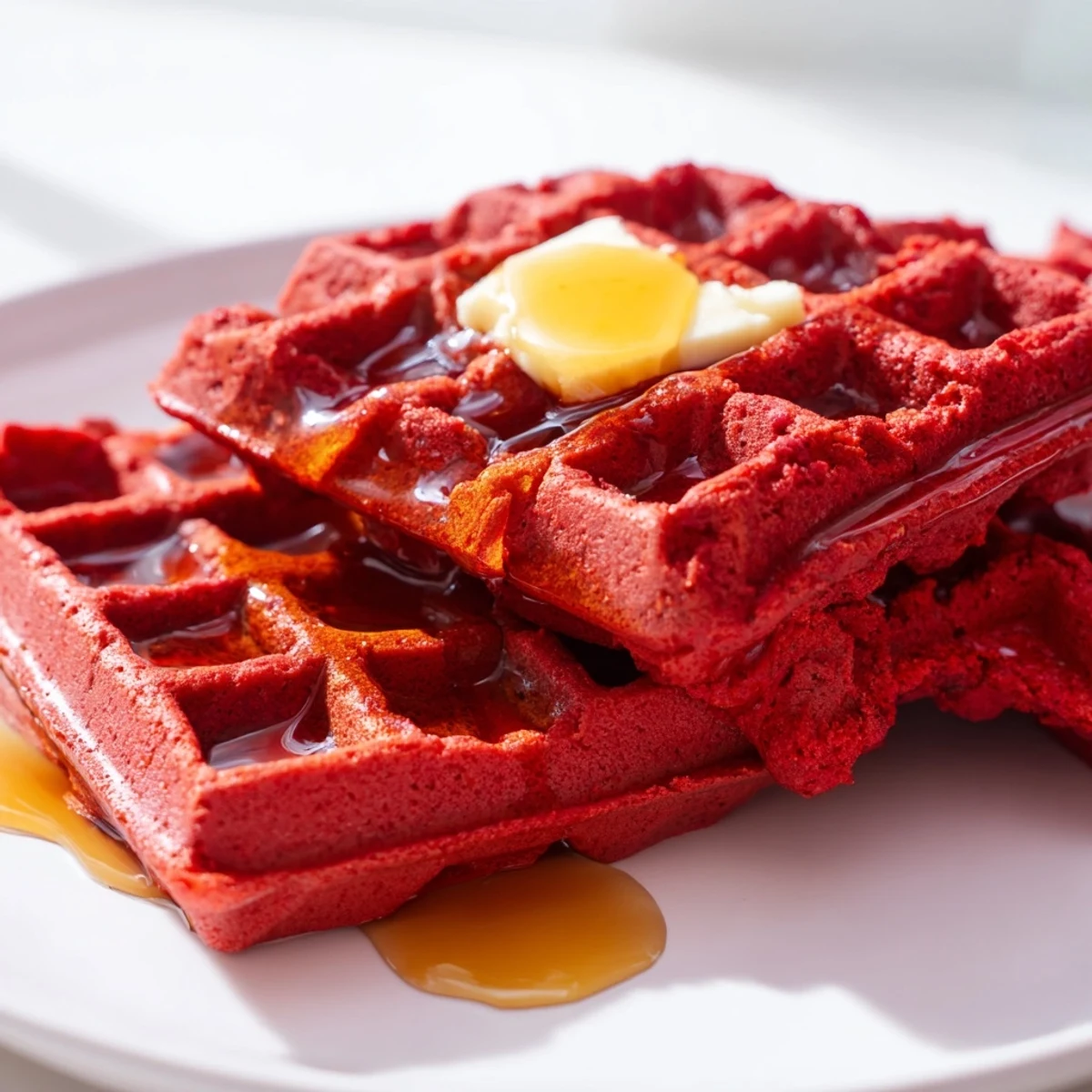 Freshly made Red Velvet Waffles with Syrup drizzled with maple syrup on a cozy breakfast table.