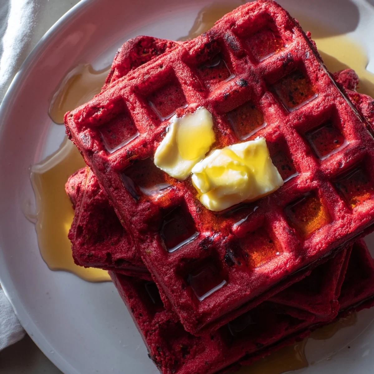 Golden Red Velvet Waffles with Syrup plated with whipped cream and fresh berries for brunch.
