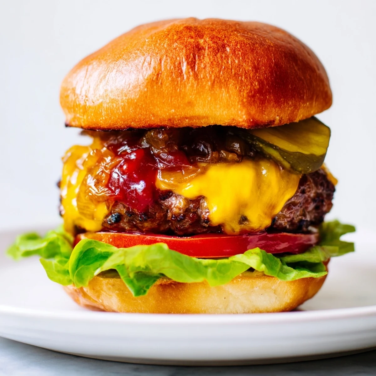 A chef assembling Classic Beef Burgers with Caramelized Onions on a sesame seed bun with pickles.