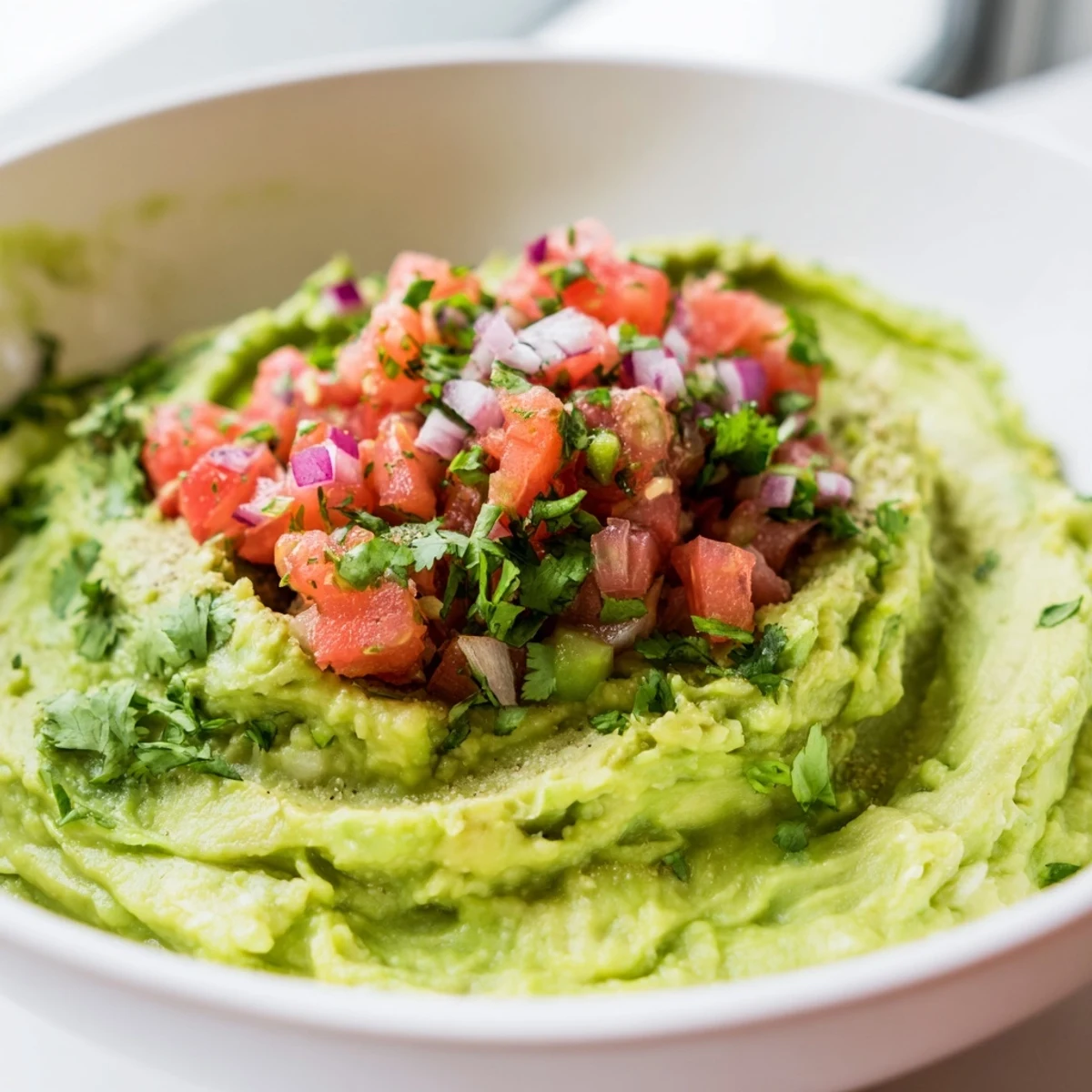 Creamy Game Day Guacamole with Salsa topped with vibrant diced tomatoes and jalapeños, ready for a festive game day spread.