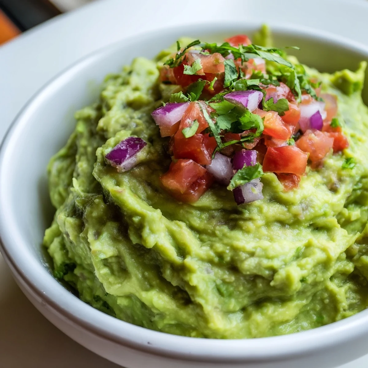 Game Day Guacamole with Salsa in a rustic bowl, garnished with cilantro and lime wedges next to a basket of chips.