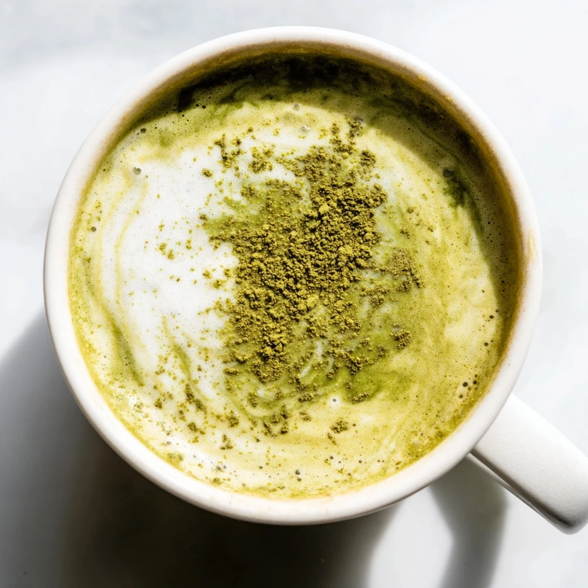 Steaming Green Matcha Latte with Almond Milk poured into a clear glass mug, topped with vibrant green foam.