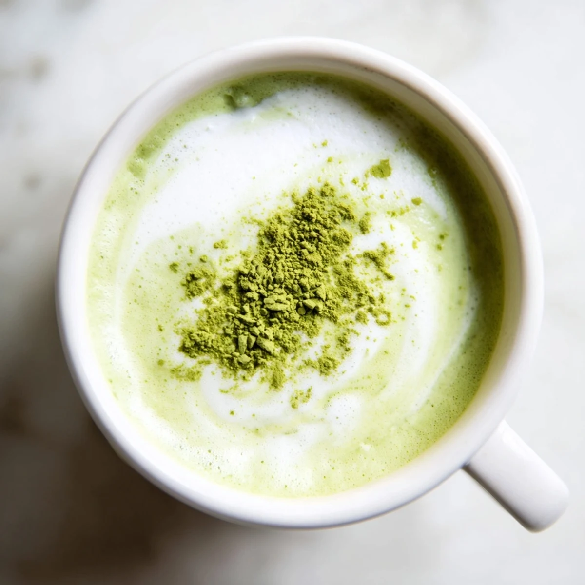 Frothy Green Matcha Latte with Almond Milk served over ice, garnished with a dusting of bright green matcha.