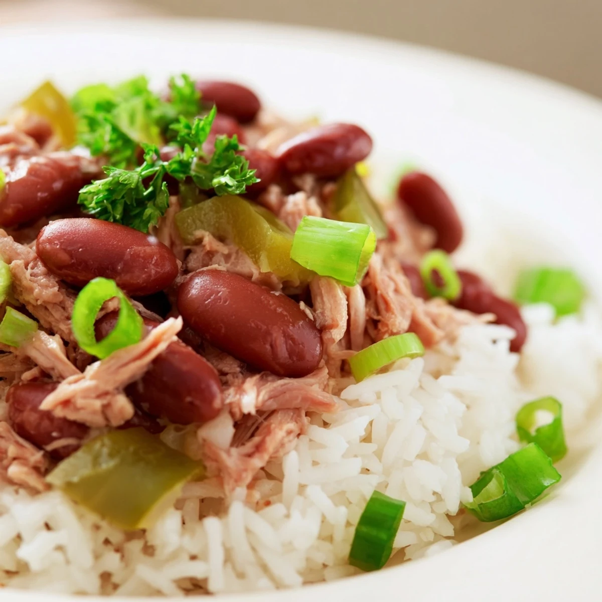 Hearty Creole Red Beans and Rice featuring tender smoked turkey, creamy kidney beans, and aromatic spices in a rich brown gravy.