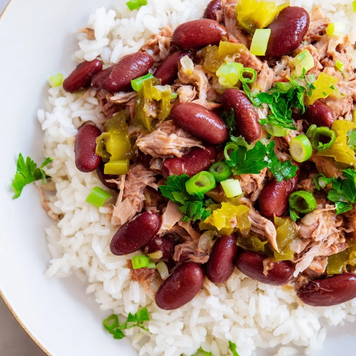 Steamy Creole Red Beans and Rice with Smoked Turkey served over fluffy white rice, garnished with fresh green onions and parsley.