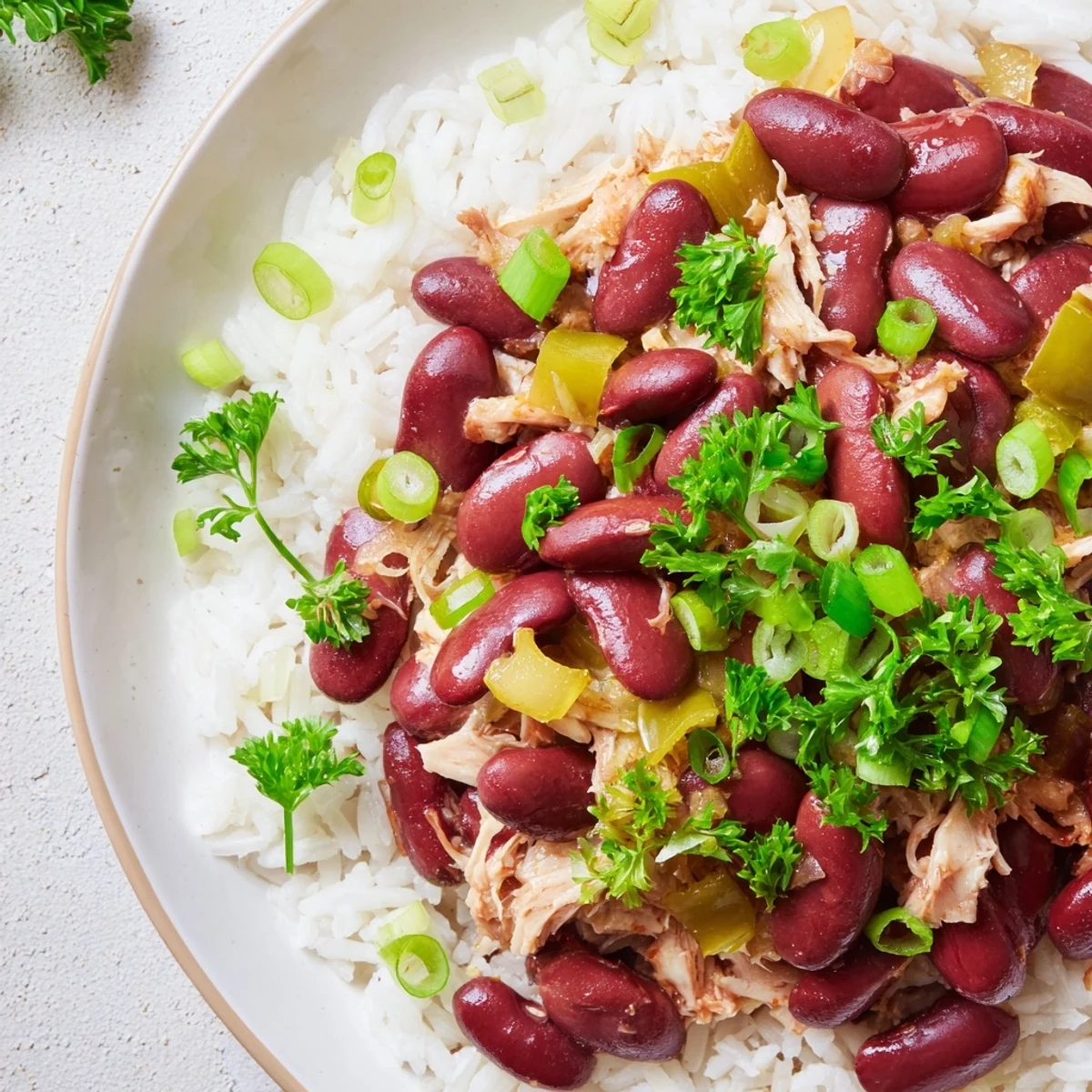 A comforting plate of Creole Red Beans and Rice with Smoked Turkey, paired with cornbread for a classic Southern family dinner.
