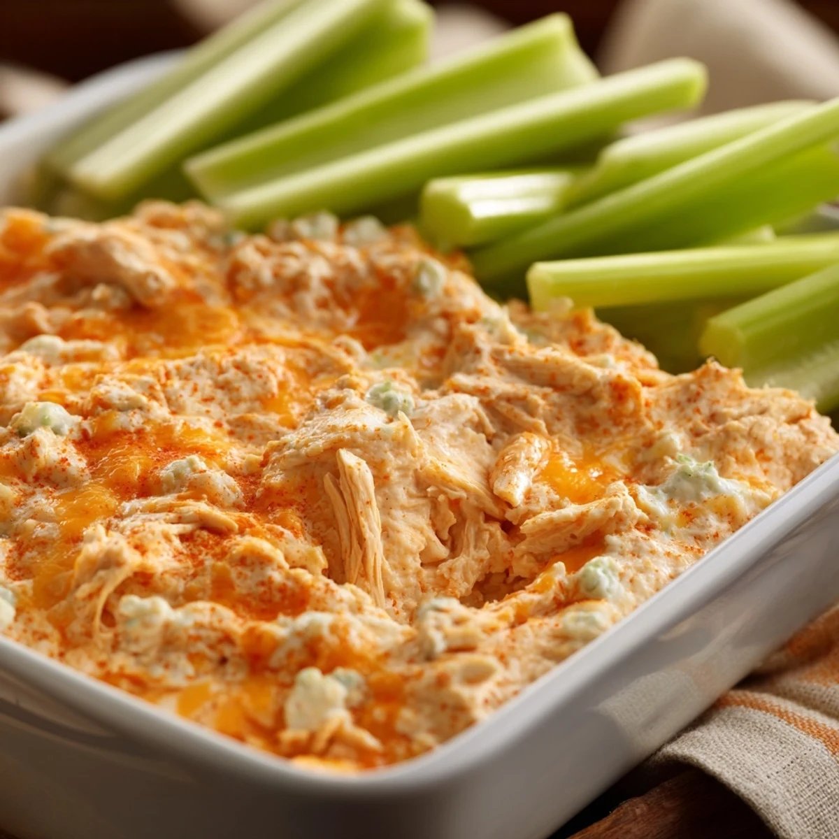 Golden, bubbly Spicy Buffalo Chicken Dip with celery sticks, baked in a dish and garnished with fresh parsley.