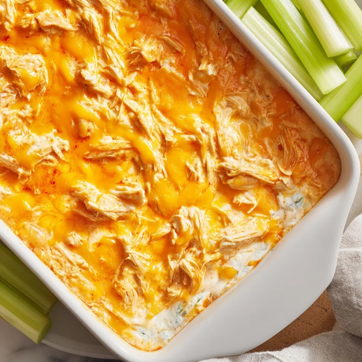 Fresh celery sticks are arranged neatly beside the warm Spicy Buffalo Chicken Dip for easy dipping.