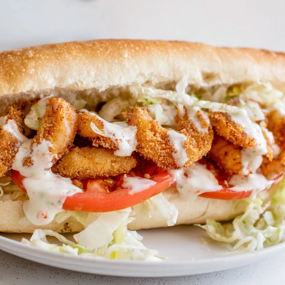 Crispy fried shrimp piled high on a soft French roll with lettuce, tomato, and homemade remoulade sauce.