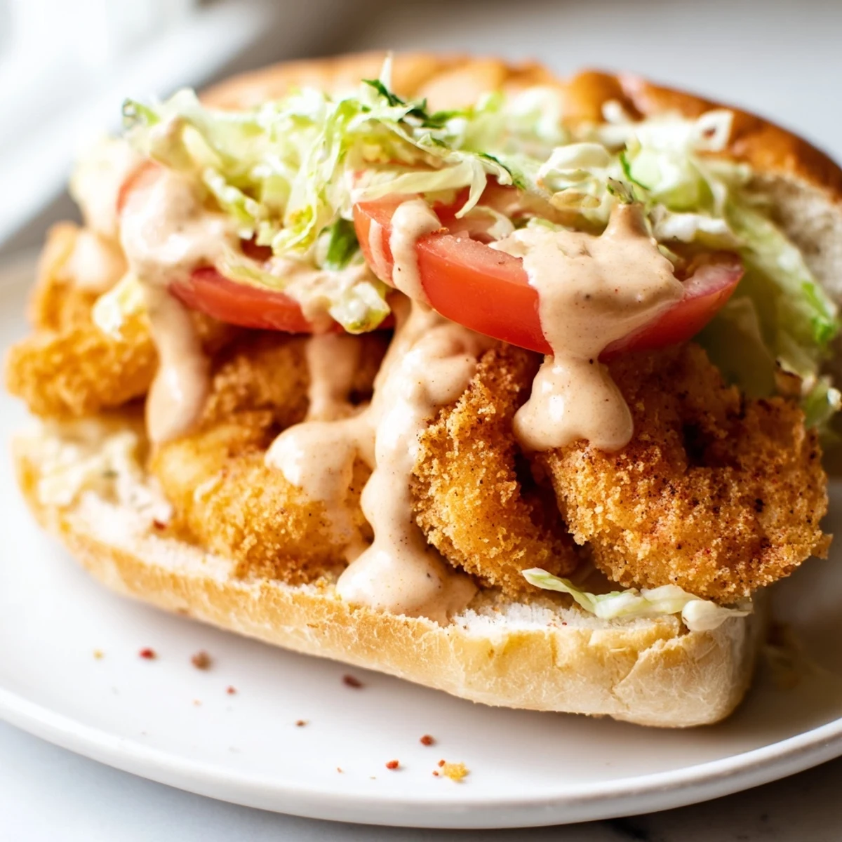 Golden fried shrimp po boy sandwich loaded with shredded lettuce, fresh tomato slices, and tangy remoulade.