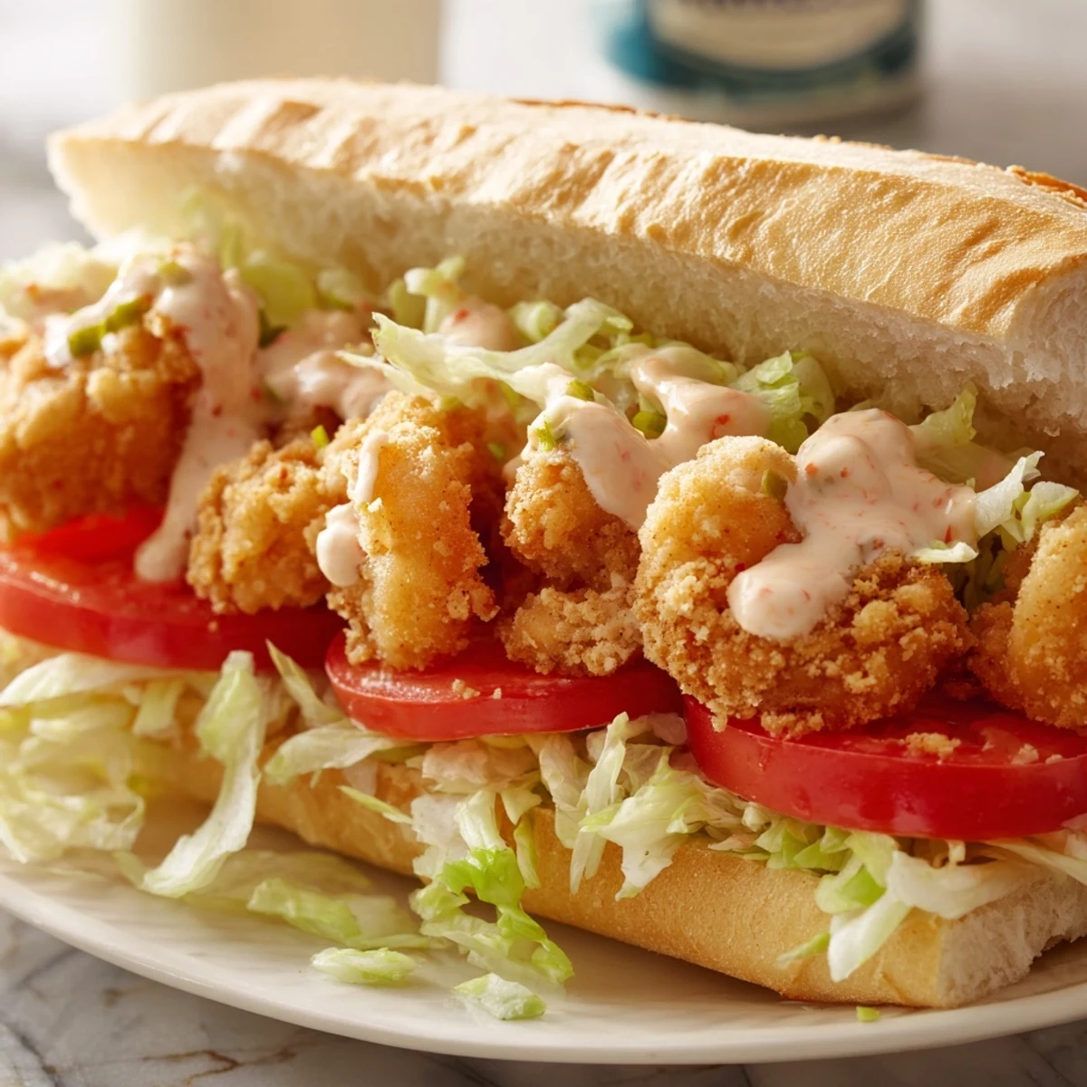 Freshly assembled Southern shrimp po boy with remoulade sauce, lettuce, and tomatoes served on a baguette.