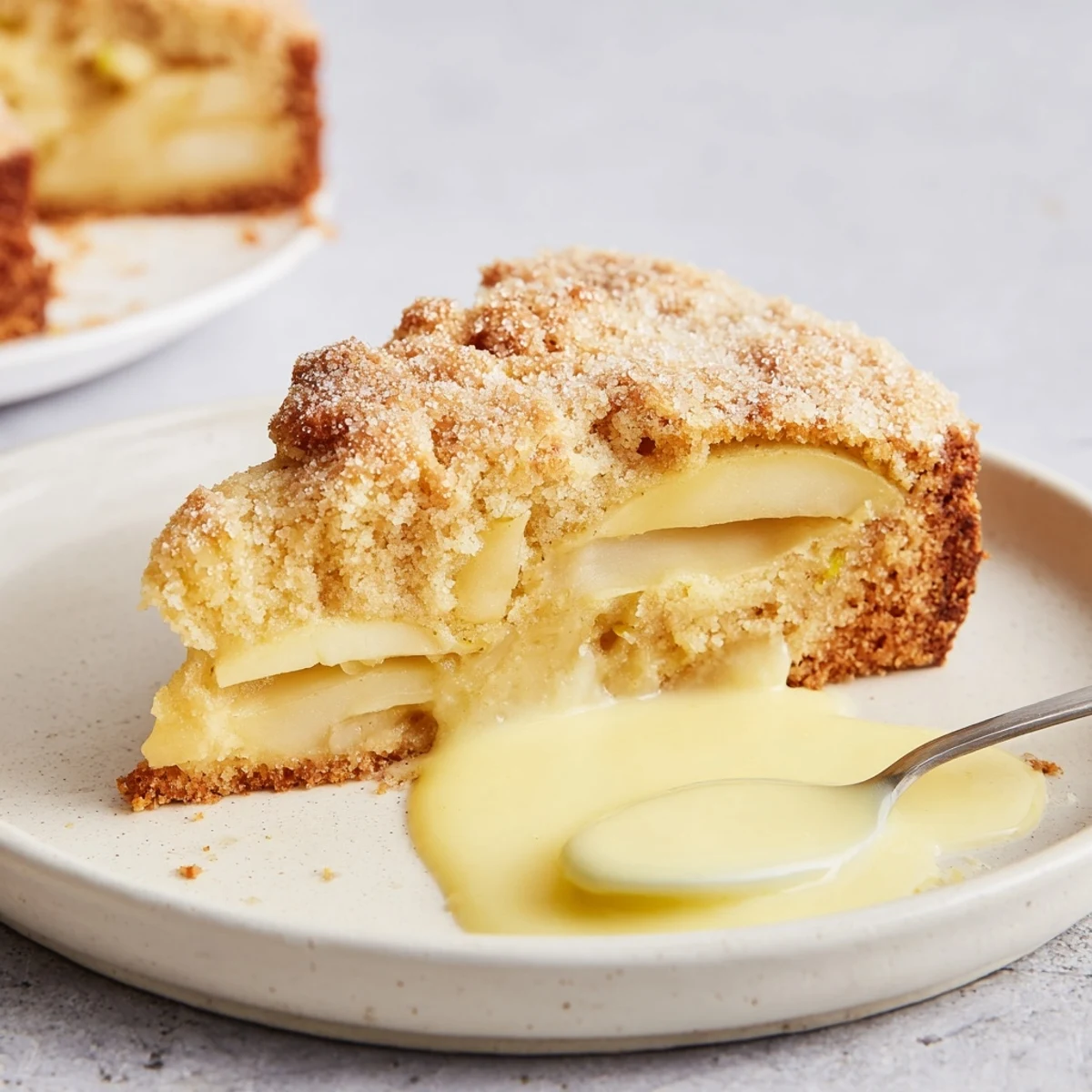 A rustic Irish Apple Cake with Vanilla Custard in a white bowl, fork ready, vanilla custard pooled around the moist cake.