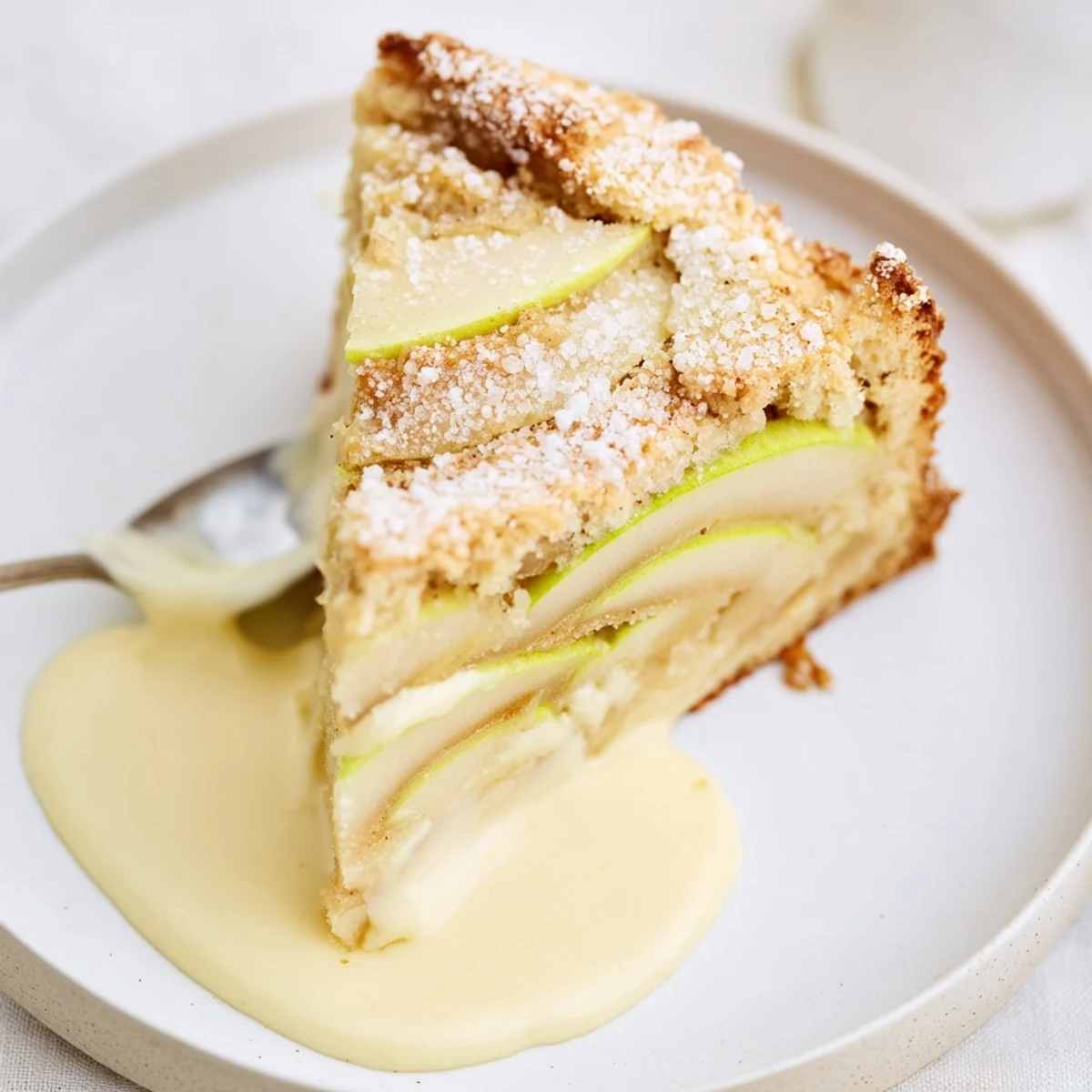 Warm slice of Irish Apple Cake with Vanilla Custard drizzled over the tender crumb and apples, served on a cozy plate.