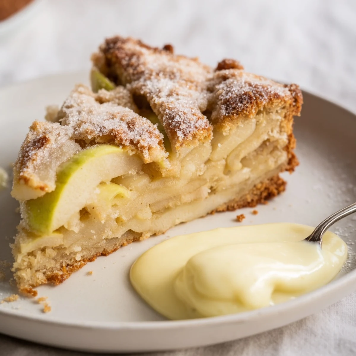 A close-up of Irish Apple Cake with Vanilla Custard, warm golden crust and tender apple slices in a rustic round pan.